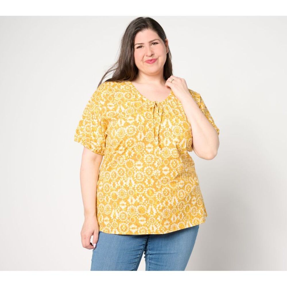 Wacoal Women's Top Sz M Ruched V-Neck Short Sleeve Printed Knit Yellow A648732
